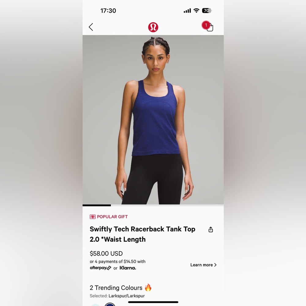 Lululemon swiftly tech racerback tank top 2.0 waist length size 4 larkspur